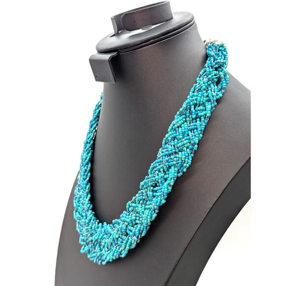 Braided Aqua Seed Bead Wide Collar 19"-22" Necklace - Picture 2 of 6